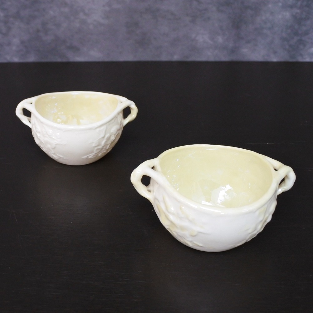 Vintage Mid Century Belleek Ireland Ivy Mini Open Sugar Bowl Pair 4th Green Mark